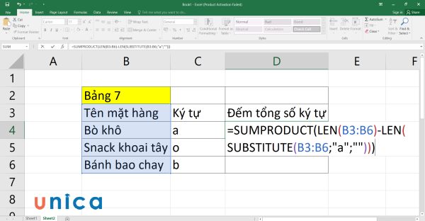 Nhập công thức SUMPRODUCT và LEN vào ô D4