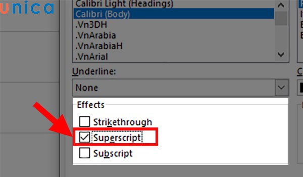 Chọn Superscript