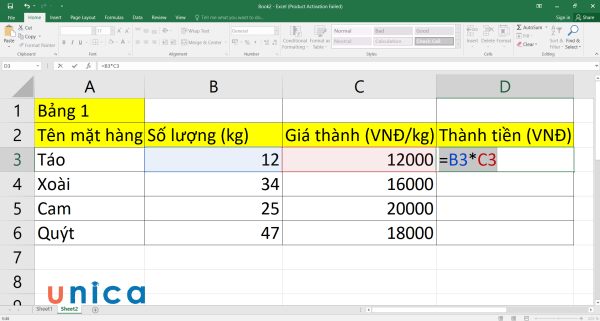 Nhập công thức =B3*C3 vào D3