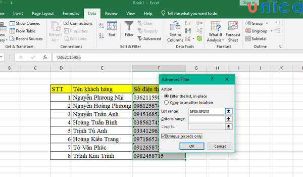 Giao diện hộp thoại Advanced Filter
