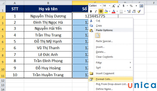Chọn Format Cells