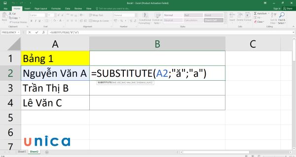 Nhập công thức SUBSTITUTE vào ô B2