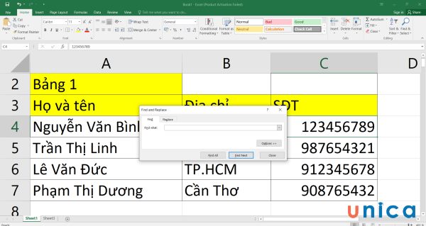 Mở hộp thoại Find and Replace