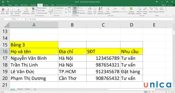 Chọn Filter sẽ thấy xuất hiện mũi tên nhỏ trỏ xuống bên dưới từng hộp thoại