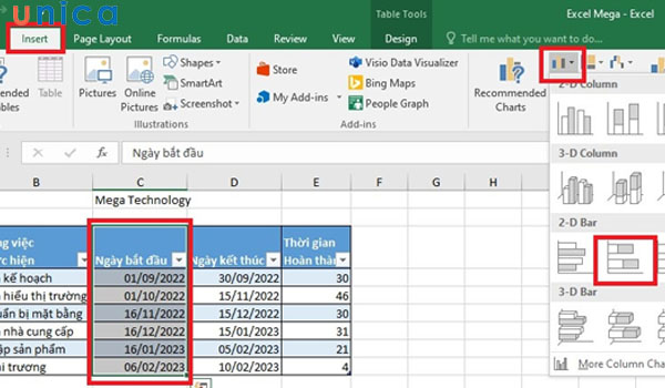 Chèn biểu đồ thanh ngang
