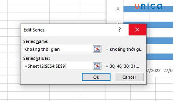 Nhấn OK để đóng Edit Series và Select Data Source