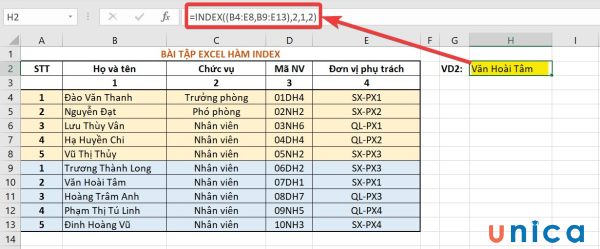 Hàm INDEX trong excel có chức năng trả về giá trị của một ô
