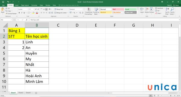 Cho bảng dữ liệu