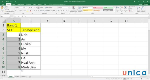Kéo thả chuột xuống ô A10
