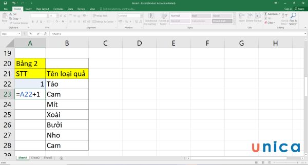 Nhập công thức vào ô A23