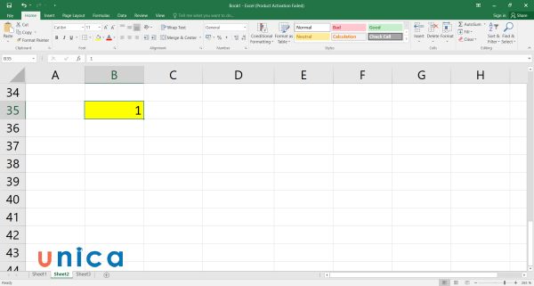 Đặt chuột ở ô B35 và đánh số 1