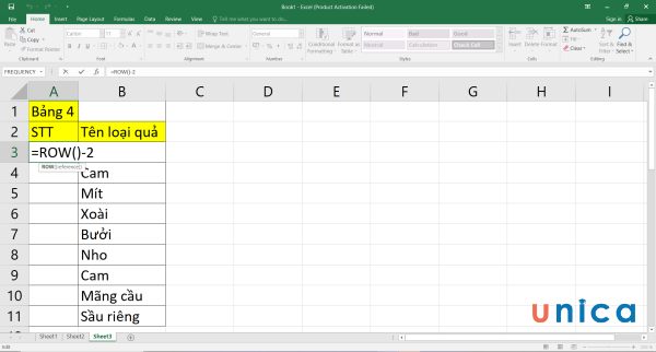 Nhập công thức vào A3