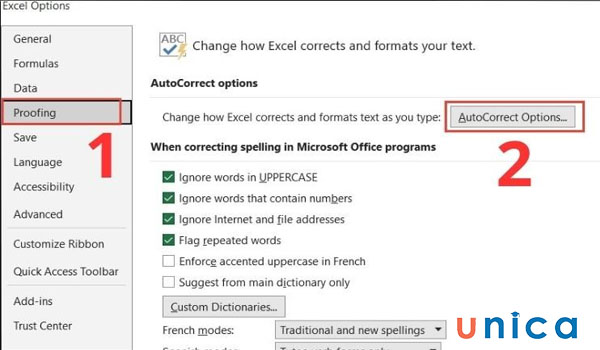 Chọn Proofing và AutoCorrect Options