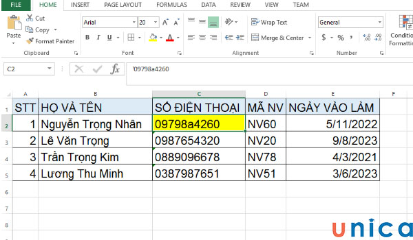 Ví dụ có một bảng tính