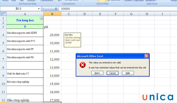 Excel báo lỗi khi nhập giá trị đến 30000