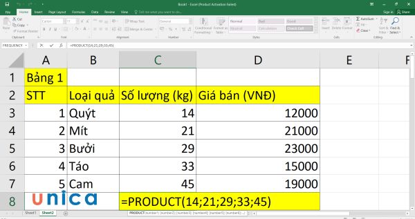 Nhập công thức tính vào ô C8