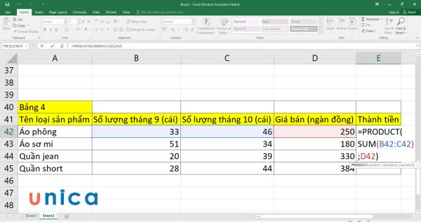 Nhập công thức hàm PRODUCT và SUM