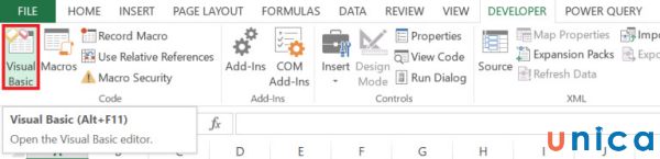 Chọn Visual Basic để hiện ra cửa sổ VBA Excel
