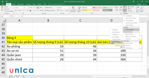 Chọn Unhide Sheet trên thanh công cụ
