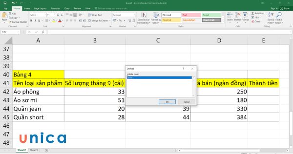 Chọn sheet tab mà bạn muốn hiện lại và nhấn OK