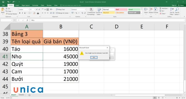 Lỗi dữ liệu hiển thị vượt quá kích thước của ô trong Excel