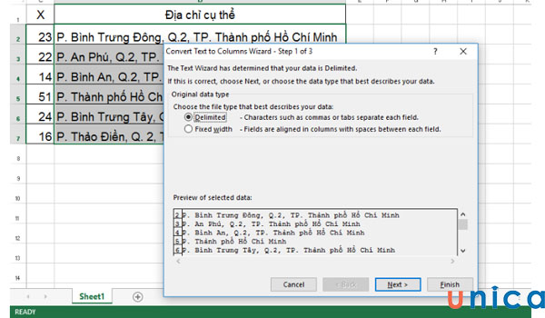 Thao tác chọn Delimited