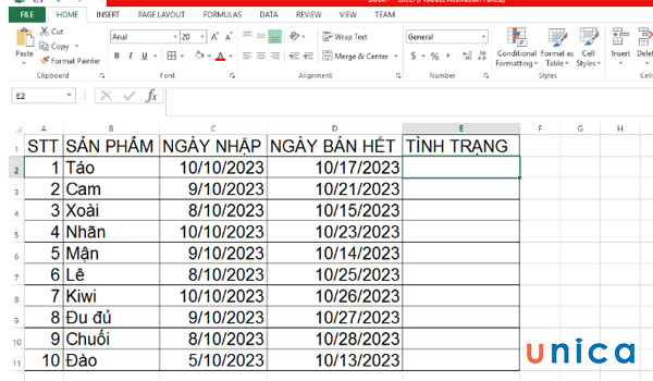Ví dụ bảng dữ liệu