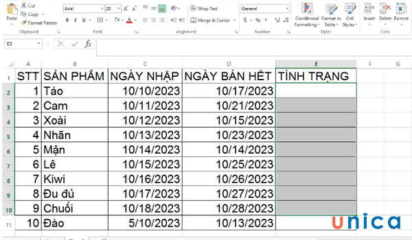 Bảng tính cho trước