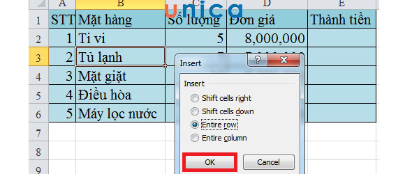 Chọn Entire row