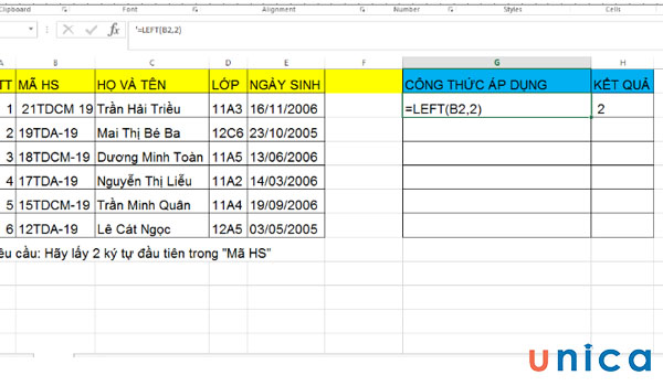 Bảng tính cho trước chứa dữ liệu gốc