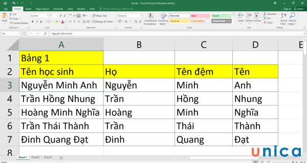 Kết quả cột tên đệm và tên
