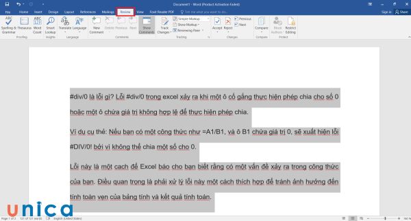 Chọn Review trên thanh công cụ