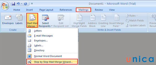 Thao tác để bắt đầu thực hiện trộn thư trong word
