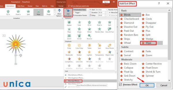 chọn Wipe → OK để tạo hiệu ứng