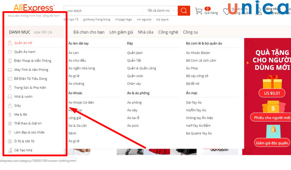 Tìm kiếm mặt hàng trên Aliexpress