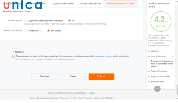 Lựa chọn Submit để đăng sản phẩm lên Alibaba