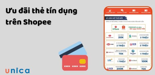 Ưu đãi thẻ tín dụng trên Shopee là các chương trình dành riêng cho khách hàng sử dụng thẻ tín dụng của các ngân hàng đối tác khi mua hàng trên Shopee