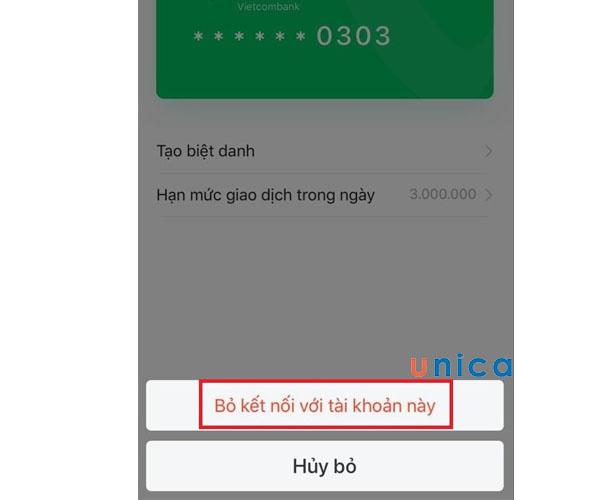 Chọn bỏ kết nối ngân hàng với tài khoản này
