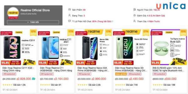 Tới với Realme Official Store, bạn có thể mua những mặt hàng như Realme, Narzo,...