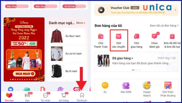 Bấm vào phần Tài khoản và chọn mục Chờ vận chuyển trong phần đơn hàng của tôi
