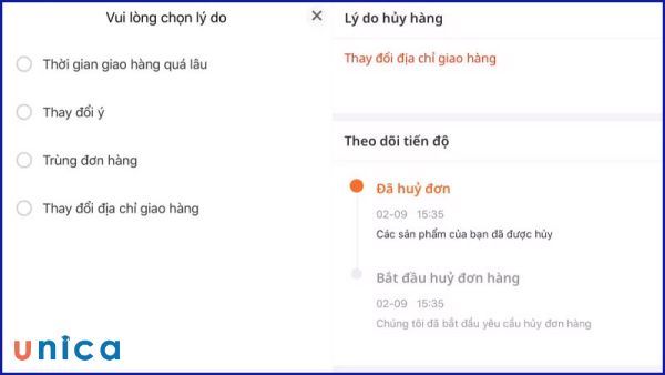 Thực hiện lần lượt các bước để hủy đơn hàng