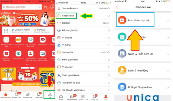 Chọn Shopee Live và phát video trực tiếp
