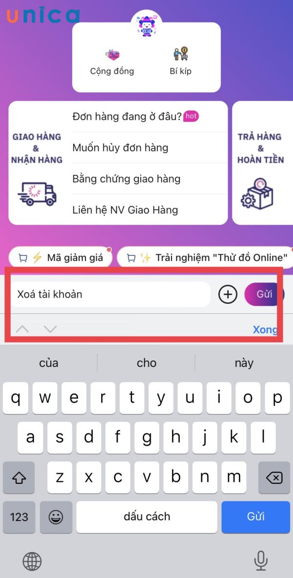 Nhập từ khóa “Xóa tài khoản”