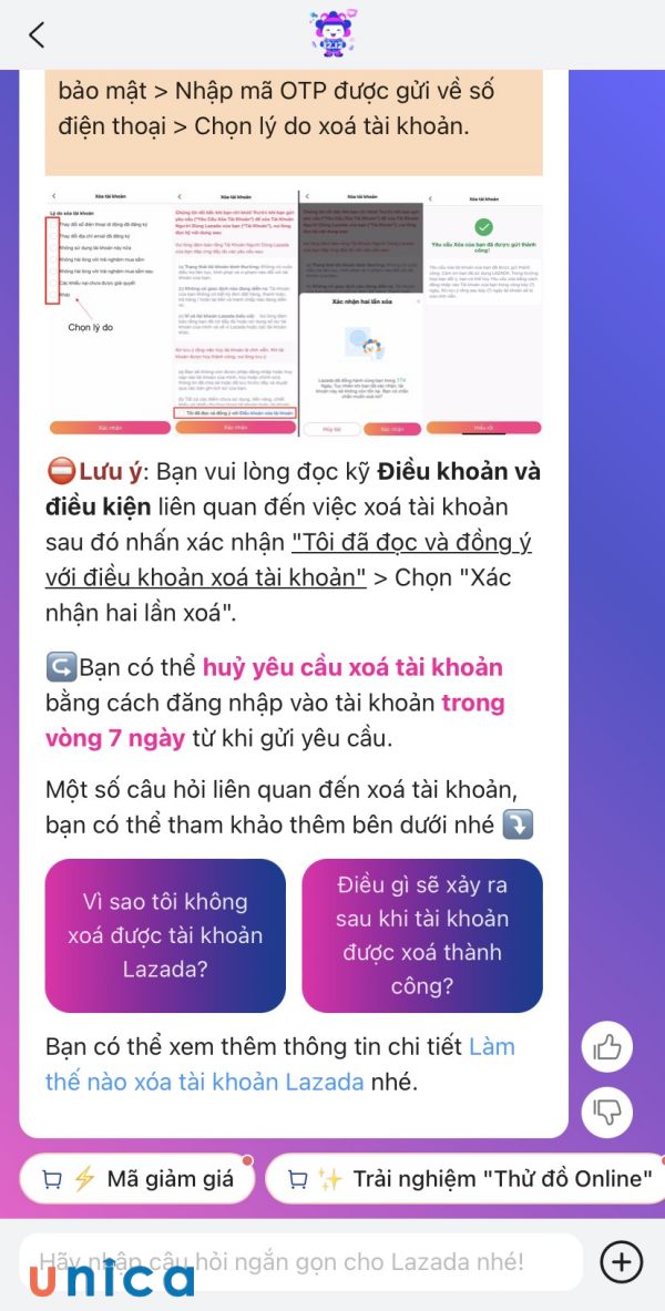 Xác nhận xóa tài khoản với nhân viên hỗ trợ Lazada