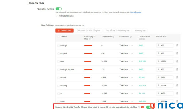 Đặt giá thầu từ khoá khi quảng cáo trên Shopee