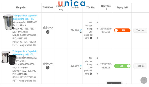 Xoá sản phẩm trên Tiki