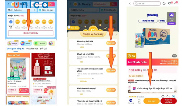 Thao tác làm nhiệm vụ kiếm xu trên Lazada.