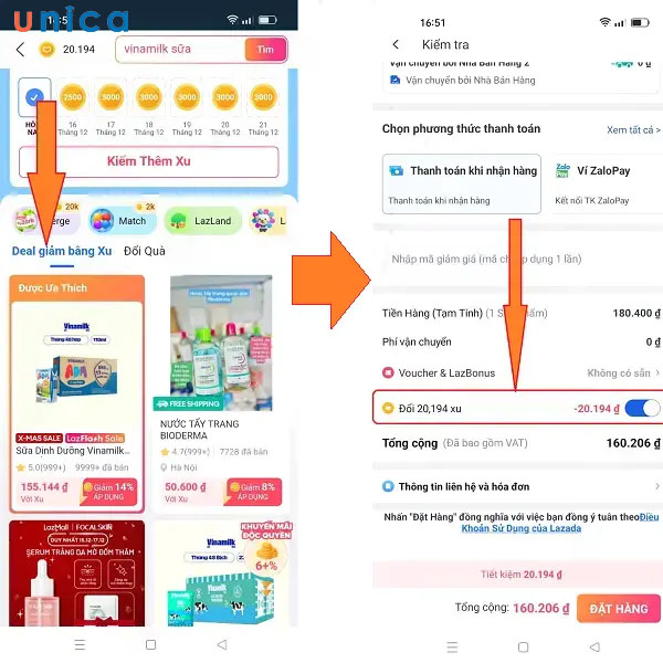Dùng xu mua các sản phẩm tại mục deal giảm bằng xu