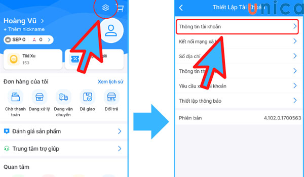 Chọn cài đặt và thiết lập thông tin tài khoản