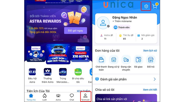 Chọn cài đặt trong tài khoản